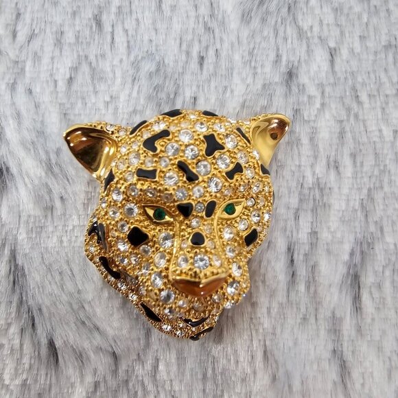 Vintage 80s Leopard Panther Emerald Green Eyes Brooch Signed CT Gold Tone 2” - Picture 2 of 6